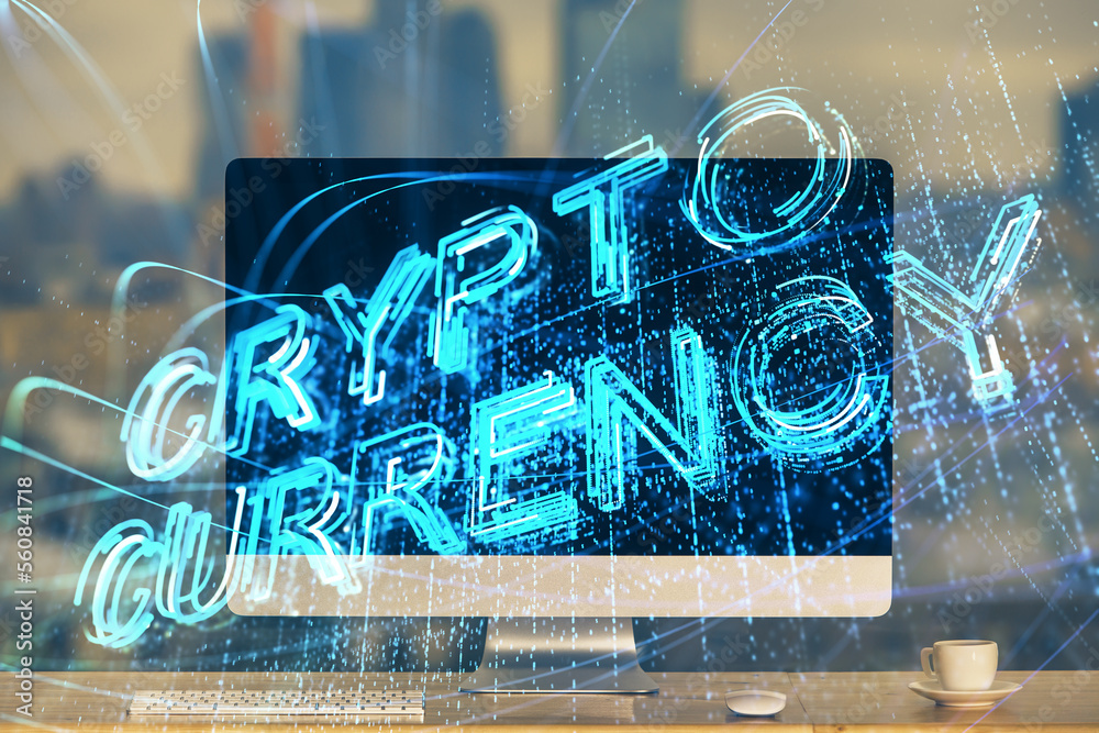 Aufkleber Multi exposure of blockchain theme hologram and table with computer background. Concept of bitcoin crypto currency.