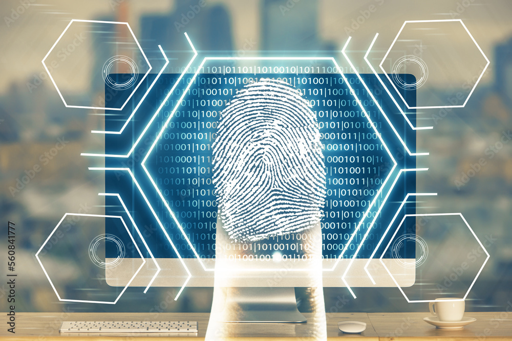 Poster Computer on desktop in office with finger print drawing. Double exposure. Concept of business data security.