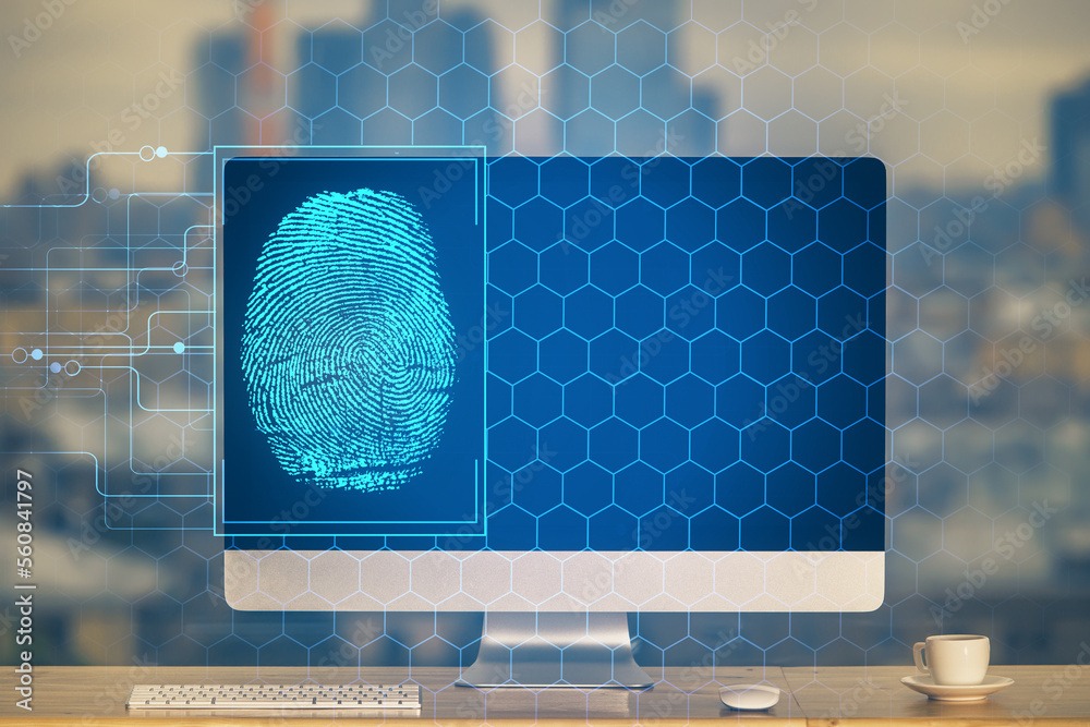 Poster computer on desktop in office with finger print drawing. double exposure. concept of business data s