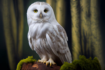 Fototapeta premium White owl sits on a tree in the forest. Illustration Generative AI