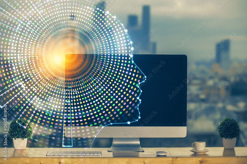 Aufkleber Double exposure of table with computer and brain hologram. Data innovation concept.