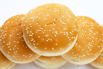 Hamburger buns with sesame on white background.