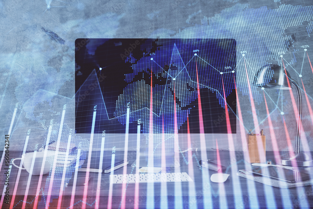 Aufkleber Financial graph colorful drawing and table with computer on background. Double exposure. Concept of international markets.