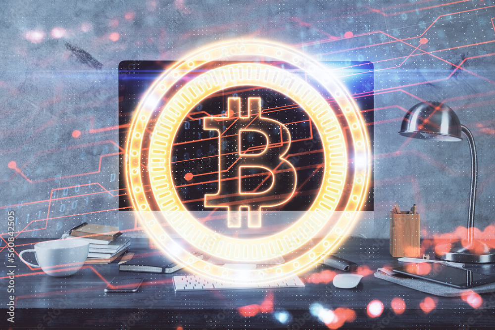 Aufkleber Multi exposure of blockchain theme hologram and table with computer background. Concept of bitcoin crypto currency.