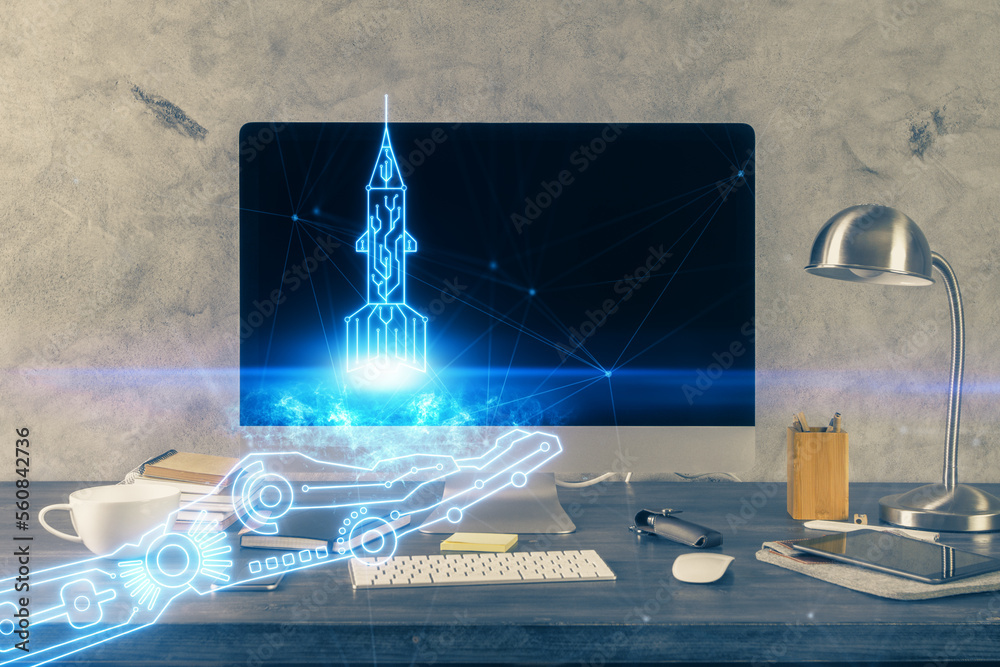 Poster desktop computer background in office and start up theme hologram drawing. double exposure. startup 