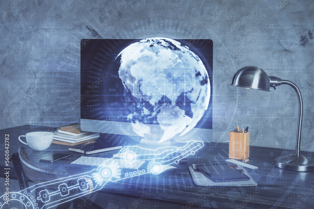 Aufkleber Multi exposure of table with computer and world map hologram. International data network concept.