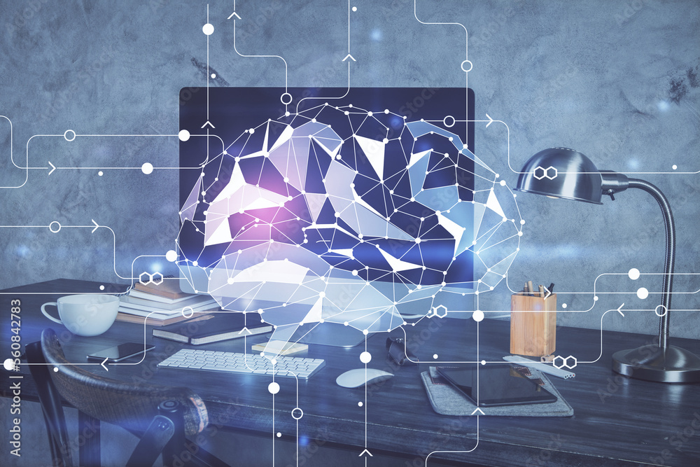 Poster Double exposure of table with computer and brain hologram. Data innovation concept.