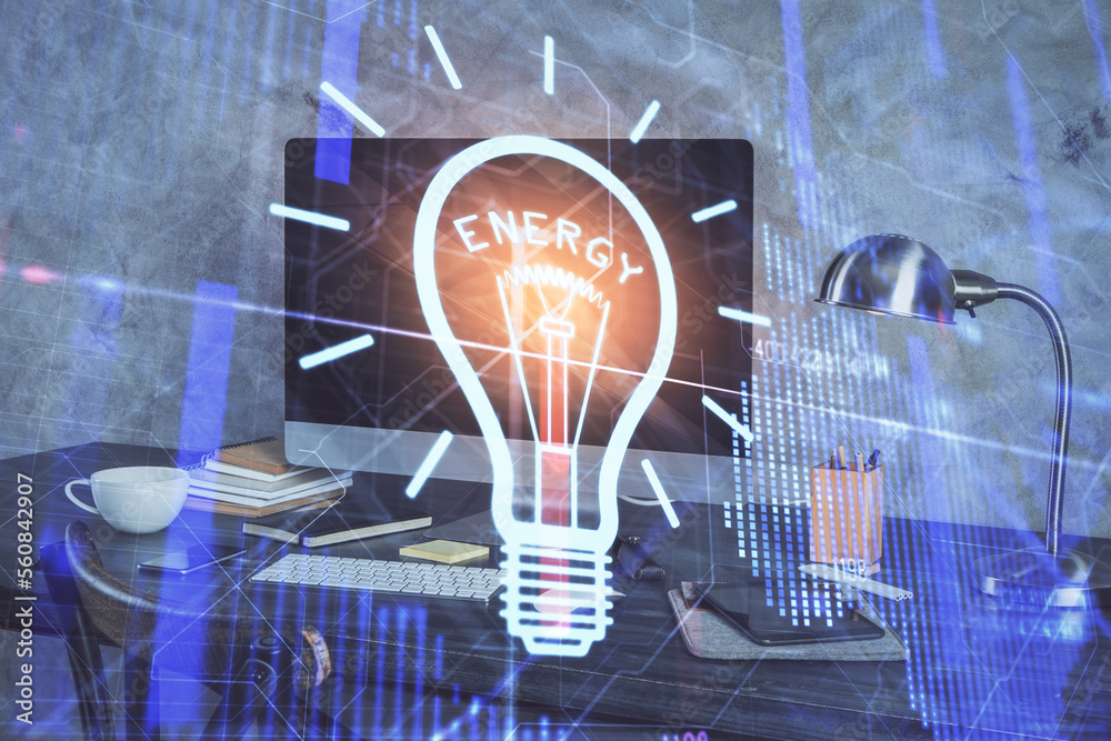 Poster Computer on desktop in office with bulb icon hologram. Multi exposure. Concept of idea.
