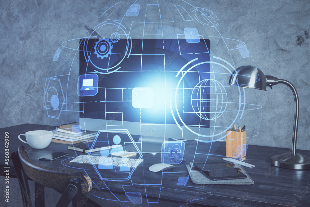 Poster computer on desktop with social network theme icon. multi exposure. concept of international connect