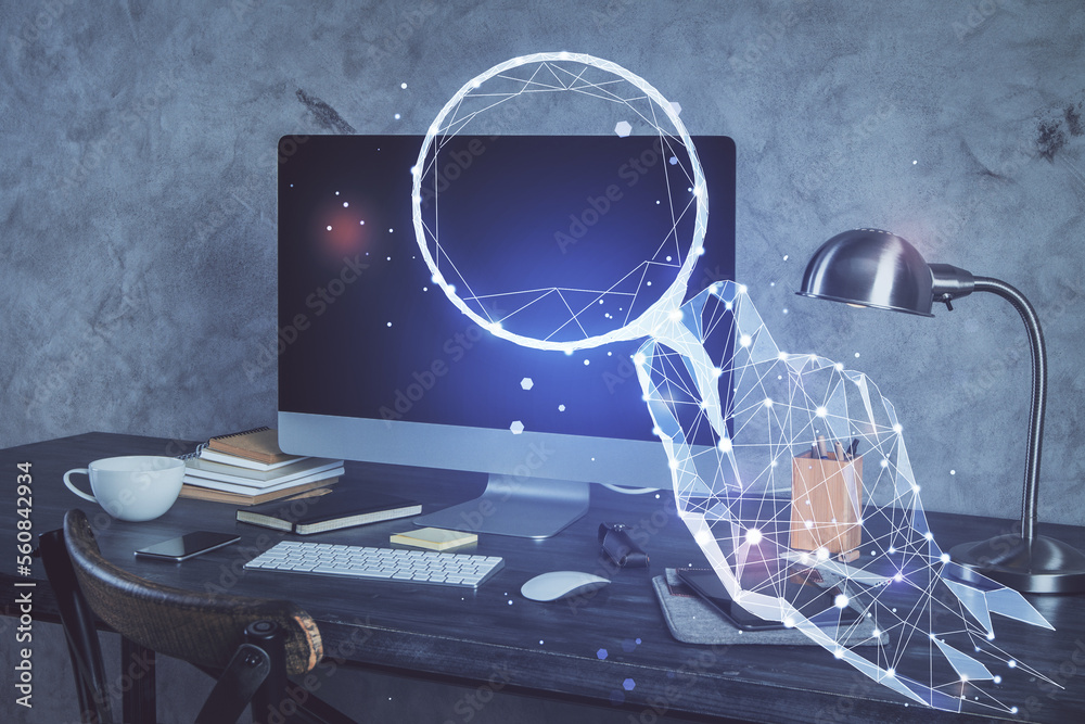 Poster Desktop computer background in office and start up theme hologram drawing. Double exposure. Startup concept.