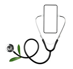 Blank smartphone and stethoscope with green leaves isolated on transparent background. Alternative...