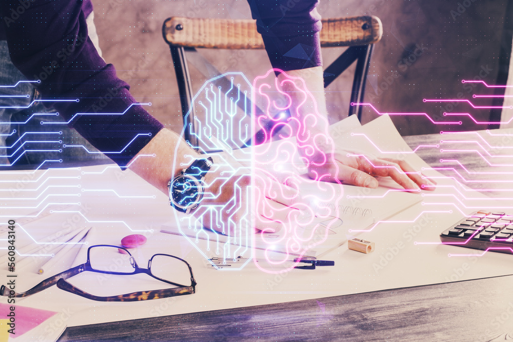 Poster haman brain double exposure icon with man hands background.