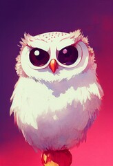Funny adorable portrait headshot of cute owl bird. North American flying animal standing facing front. Looking to camera. Watercolor imitation illustration. AI generated vertical artistic poster.