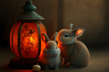 Bringing in the New Year 2023: Cute Baby Rabbits and Chinese Lanterns,, Lunar New Year, Year of the Rabbit, Generative AI