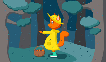Naklejka premium Squirrel in a yellow coat in the forest in the rain. The squirrel held out its paw to the raindrops. Picking mushrooms in a basket. The character stands out brightly against a monochrome background.