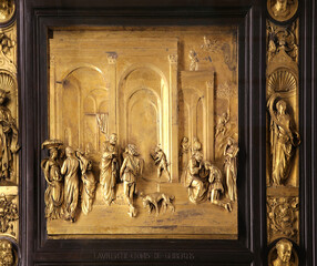 Florence, Italy. Duomo Museum (Museo dell'Opera del Duomo di Firenze). Fragment of the Eastern Gate of the Baptistery. Lorenzo Ghiberti, "Isaac sends Esau to hunt", 1425-1452. Original