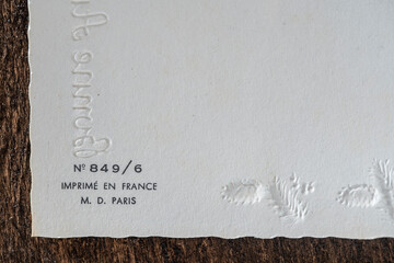 Original antique back side postcard with the words France, Paris, closeup. French Christmas retro...