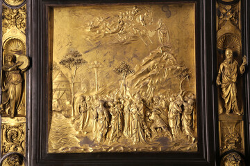 Florence, Italy. Duomo Museum (Museo dell'Opera del Duomo di Firenze). Fragment of the Eastern Gate of the Baptistery. Lorenzo Ghiberti, "Moses", 1425-1452. Original