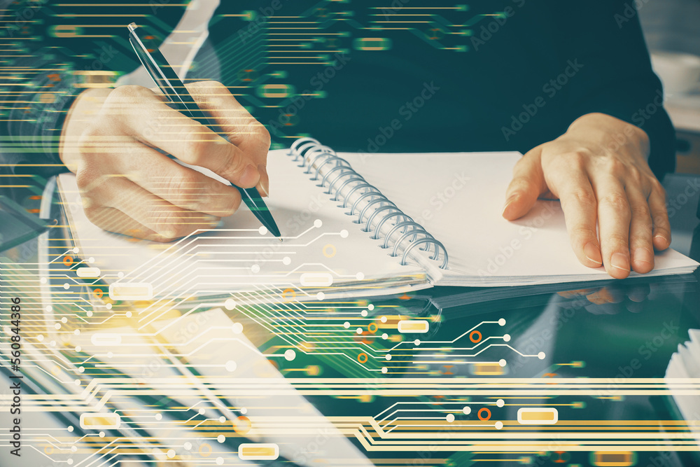 Aufkleber Double exposure of writing hands on background with data solution hologram on front. Technology concept. Close up