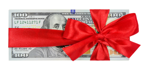 One hundred dollar bills with red ribbon bow isolated on transparent background