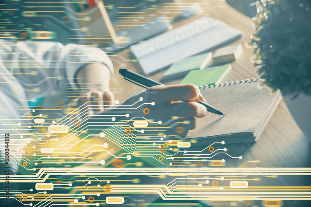 Poster Multi exposure of woman's hands on background with technology and digital coding icons. Data development concept.