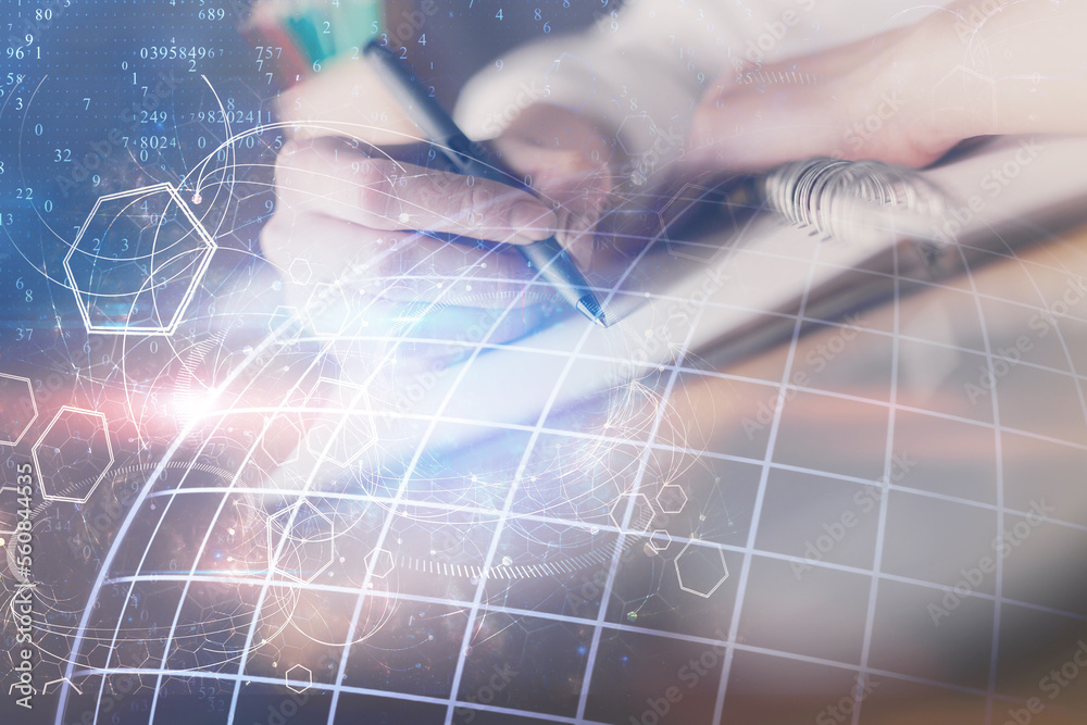 Poster Double exposure of hands making notes with world map hologram and data theme icons. Concept of international network data.