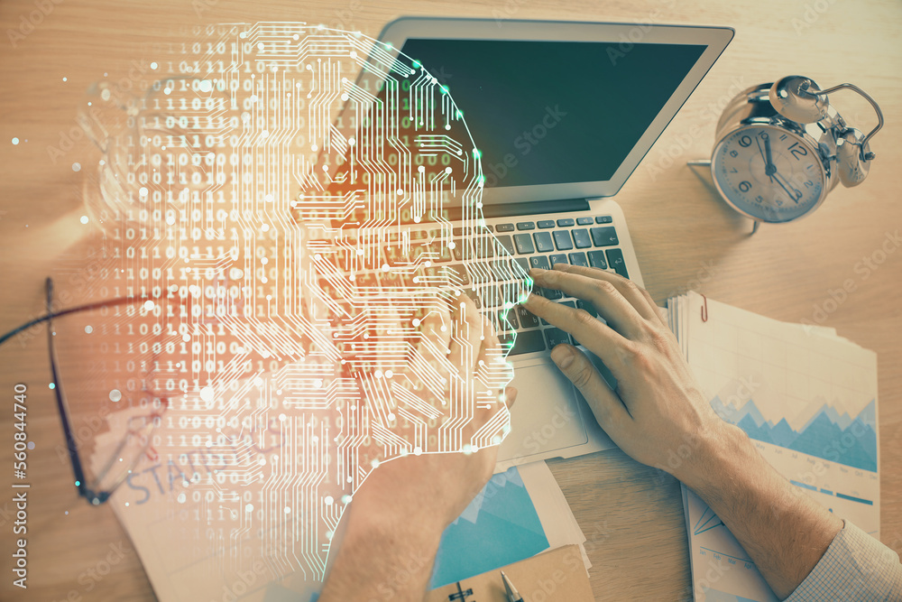 Poster Man typing on keyboard background with brain hologram. Concept of big Data.