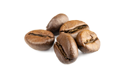 Coffee beans isolated. Black espresso coffee bean flying. Aromatic grain fall isolated on white. Represent breakfast for energy and freshness concept