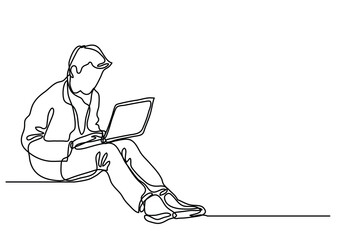 continuous line drawing guy sitting with laptop computer - PNG image with transparent background