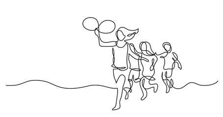 continuous line drawing of happy children running on beach with balloons - PNG image with transparent background