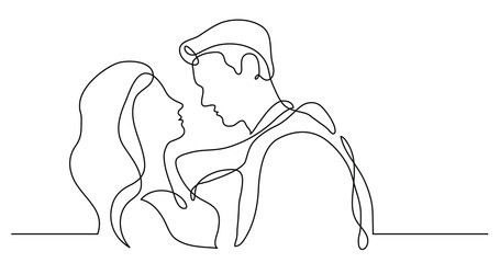 continuous line drawing of happy loving woman embracing man leaning for kiss - PNG image with transparent background