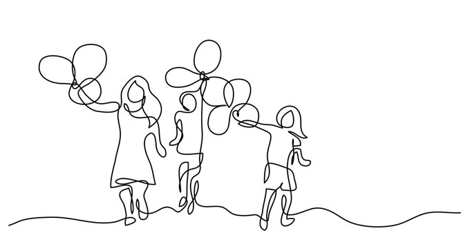 continuous line drawing of happy children running with balloons on summer day - PNG image with transparent background