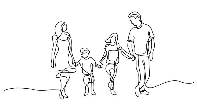 continuous line drawing of happy family walking together on sunny summer day - PNG image with transparent background