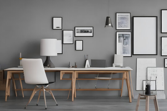 white and grey modern office room interior minimalist style photo with wood frames and paintings, generative ai
