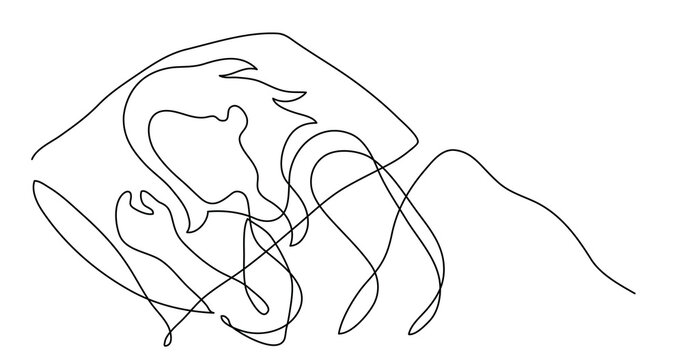 continuous line drawing of woman sleeping on pillow in bed at night - PNG image with transparent background