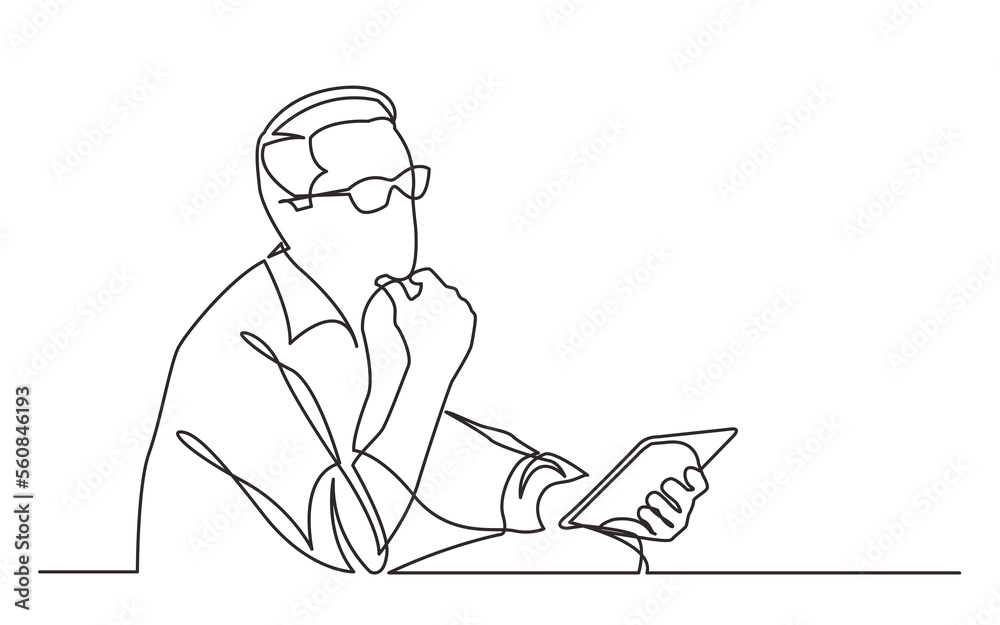 Wall mural continuous line drawing sitting man planning with tablet - png image with transparent background