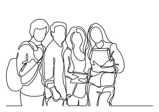 continuous line drawing standing students - PNG image with transparent background