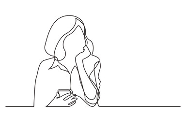 continuous line drawing thinking woman holding cell phone - PNG image with transparent background