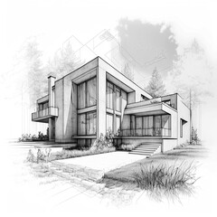 Architectural sketch of a new double storey modern house. Painting of a house sketch. Technical draw of modern two storey house. Generative AI