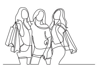 continuous line drawing three happy women shopping - PNG image with transparent background