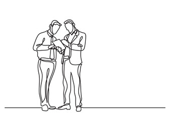 continuous line drawing two men standing talking - PNG image with transparent background
