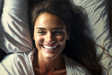 Beautiful woman being happy and lies on her bed