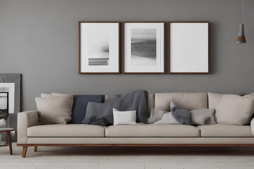 white and grey modern living room interior minimalist style photo with wood frames and paintings, generative ai
