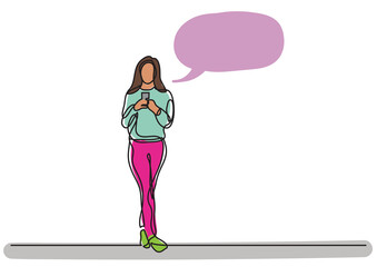 continuous line drawing woman standing reading cell phone speech bubble colored - PNG image with transparent background