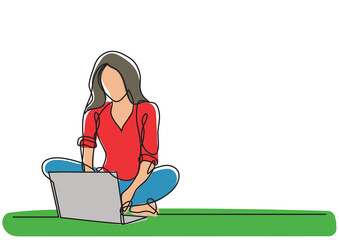 continuous line drawing woman with laptop colored - PNG image with transparent background