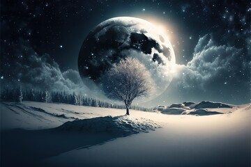 tree in the snow in the moonlight,  generative ai