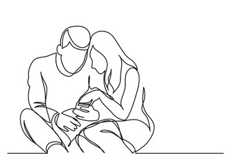 continuous line drawing young couple watching mobile phobe - PNG image with transparent background