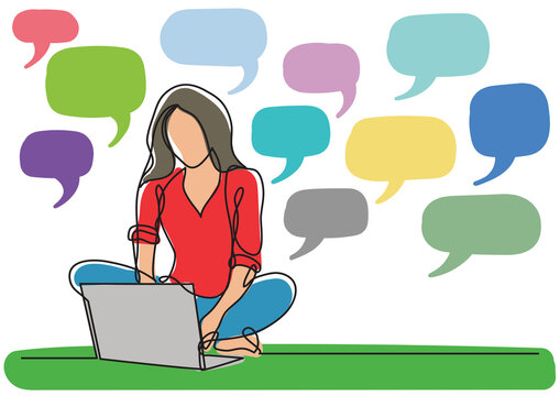 continuous line drawing woman with laptop speech bubbles colored - PNG image with transparent background