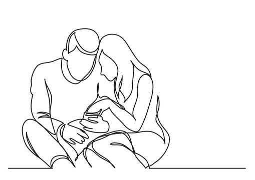 continuous line drawing young couple watching mobile phobe - PNG image with transparent background