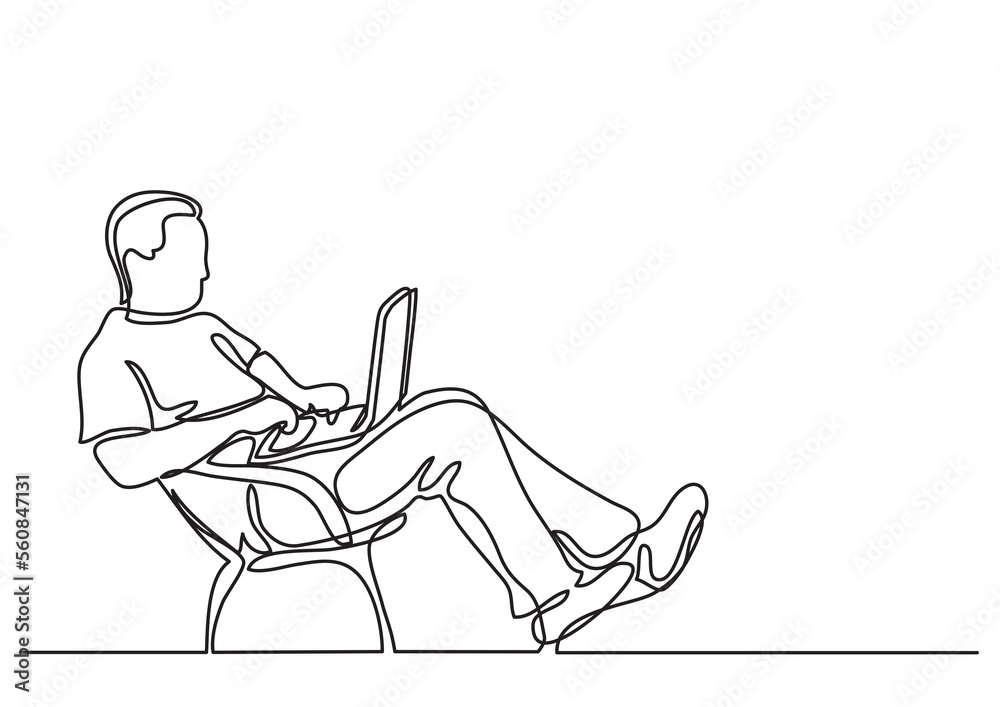 Poster continuous line sitting working on laptop computer - png image with transparent background
